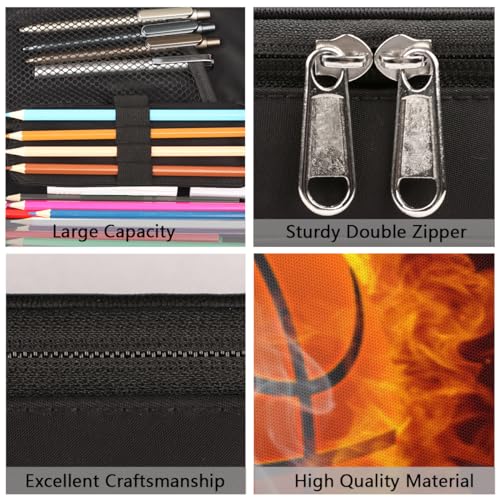 Image of Pencil Case Pen Holder Large Capacity Stationery Organizer Pencil Bag with Zipper for Boys Girls Fire Basketball Pattern Kids Pencil Pouch Storage Box for School College Office