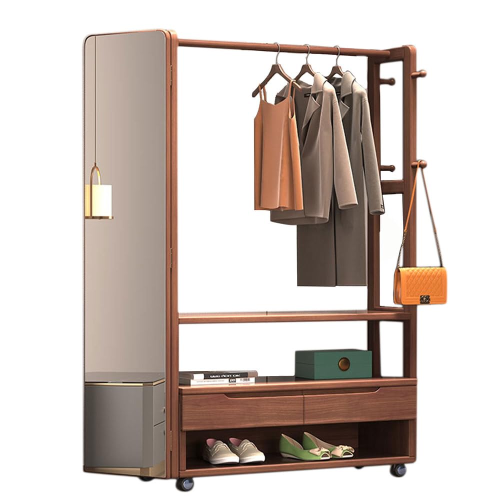 Wooden Clothes Rack for Entryway Freestanding Garment Rack Closet Organizer with 2 Drawers Mirror for Hanging Clothes Bags