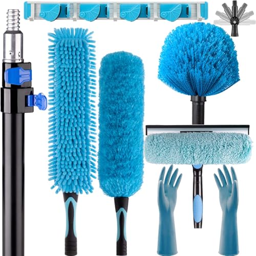 APMOLAR 20 Foot High Reach Ceiling Fan Duster with 5-12ft Heavy Duty Extension Pole Microfiber Feather Cobweb Duster Window Squeegee Kit Cleaning Gloves