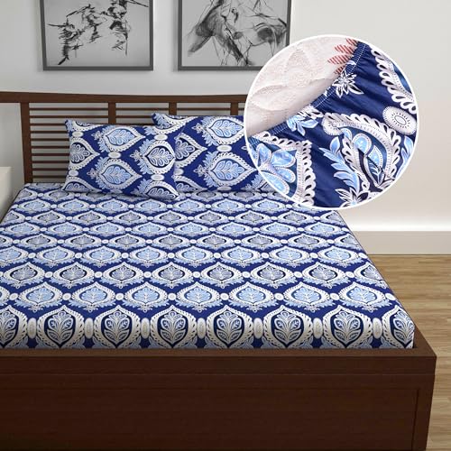 Divine Casa Cotton 100% Cotton Elastic Fitted Printed Queen Size Double Bed Bedsheet with 2 Pillow Cover(60 inch x 78 inch, Blue Ribbon)
