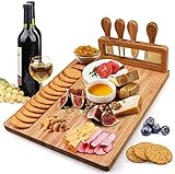 Bamboo Cheese Board Set Charcuterie Platter Serving Meat Board Including 4 Stainless Steel Knife and Serving Utensils for Christmas Wedding Birthday Anniversary