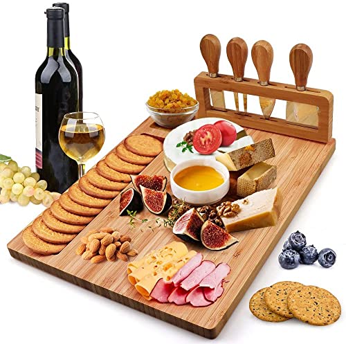 Hossejoy Bamboo Cheese Board Set Charcuterie Platter Serving Meat Board Including 4 Stainless Steel Knife and Serving Utensils for Christmas Wedding Birthday Anniversary