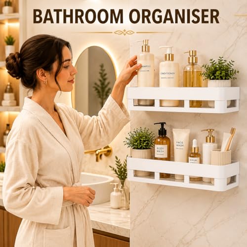 Image of Bathroom Organiser Without Drill Bathroom Shelves & Accessories Bathroom Organiser Self Adhesive Bathroom Shelf Bathroom Racks and Shelves Stand(Pack of 2)