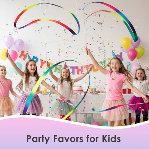 Image of YGEOMER 2Pcs Dance Ribbons for Kids, Neon Rainbow Gradient Gymnastics Ribbon Wands, Ballet Party Favors for Girls, Birthday Performance Props