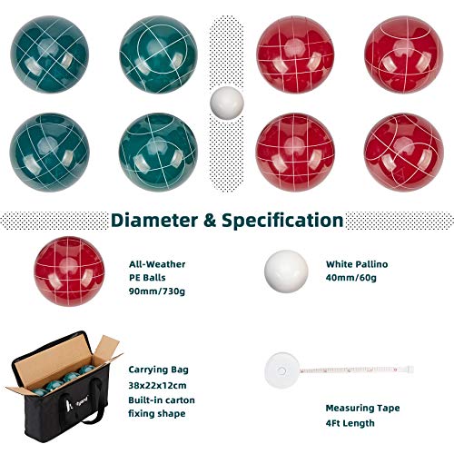 Pointyard Bocce Ball Set, 90mm Classic Bocci Ball Set with 8 Resin Bocce Balls/1 Pallino/Nylon Zippered Bag/Measuring Tape - Outdoor Family Games for Backyard/Lawn/Beach (Red & Green) - Thumbnail 2
