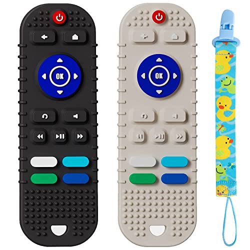 Image of Tameler Silicone Baby Teething Toys - 2 Pack Remote Teether for Baby 6-12 Months, Baby Toys for Toddlers 12-18 Months, Infant Chew Toys for Gums Relief, Freezable Hand Teether for Baby (Black & Gray)