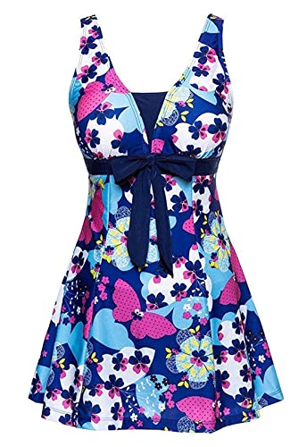 AMAGGIGO Signore Retro Polka Nuoto Costume Plus Size One Piece Swimwear con Boyshort Fondo(3blue Butterfly，Taille 44(2XL)