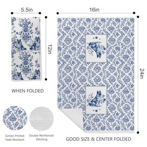 Image of Chinoiserie Norwegian Elkhound Kitchen & Hand Towels Set of 2, Blue and White Floral Dog Dish & Tea Towels for Kitchen Bathroom Decor, Vintage Toile Dog Lover Gifts for Women 16x24 Inch