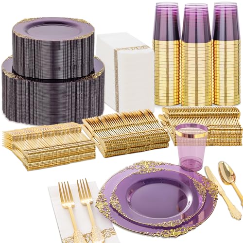 Nervure 350PCS Purple Plastic Plates - Purple Plastic Dinnerware Sets for 50 Guests - 100 Disposable...