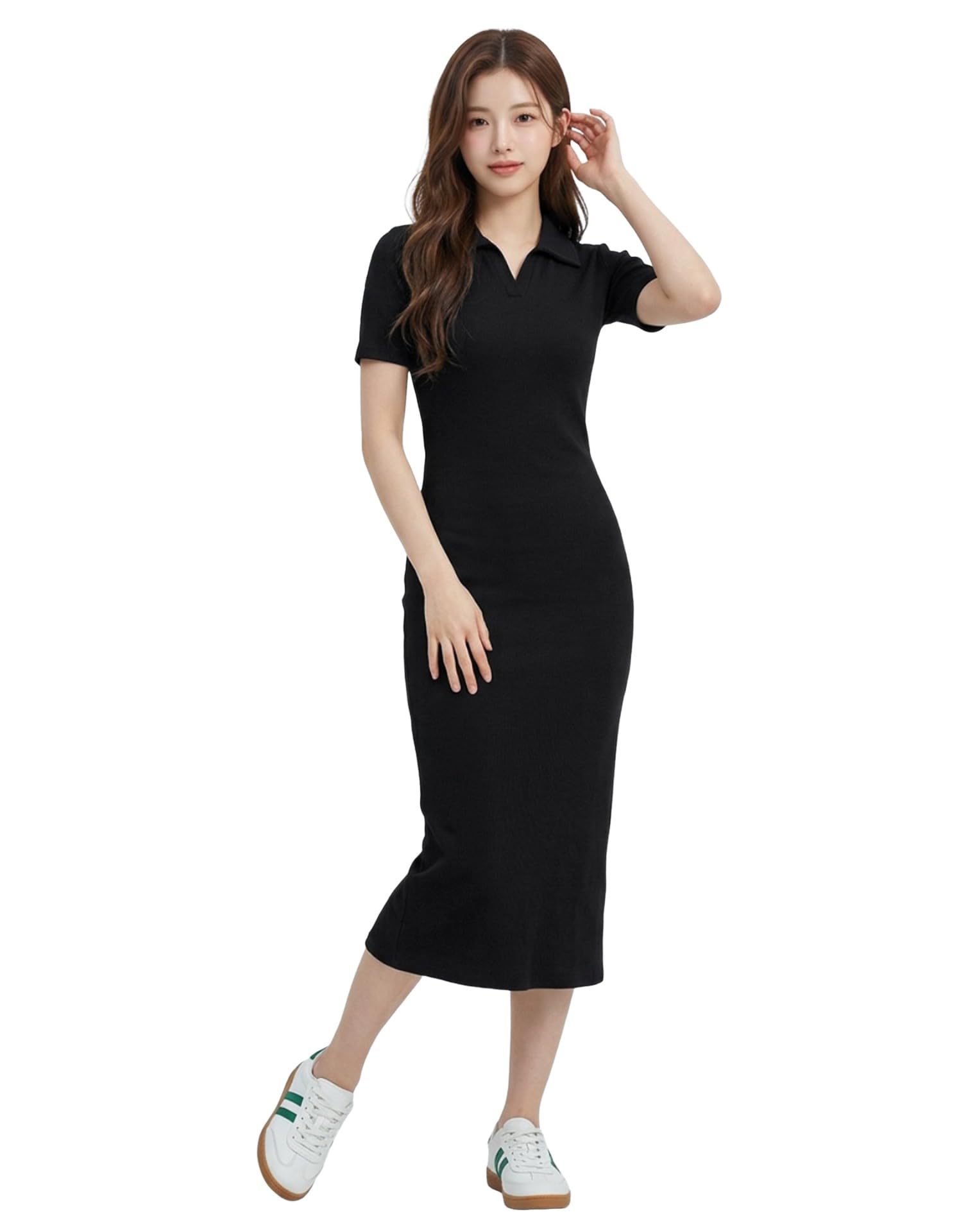 selvia Women Spread Collar Bodycon Black Ribbed Lycra Stylish Dress-picture-35