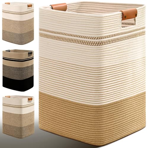 Degeyoyo Laundry Hamper, 85L Tall Laundry Basket with Leather Handles, Rectangle Large Clothes Hamper for Organizing, Cotton Woven Laundry Baskets...