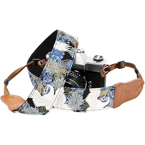 Padwa Lifestyle Camera Strap - 2" Cowhide Leather Head Cotton Camera Straps for Photographers,Vintage Japanese Art Print Adjustable Neck & Shoulder Strap for ALL DSLR/SLR Cameras(Blue Crane) Cover
