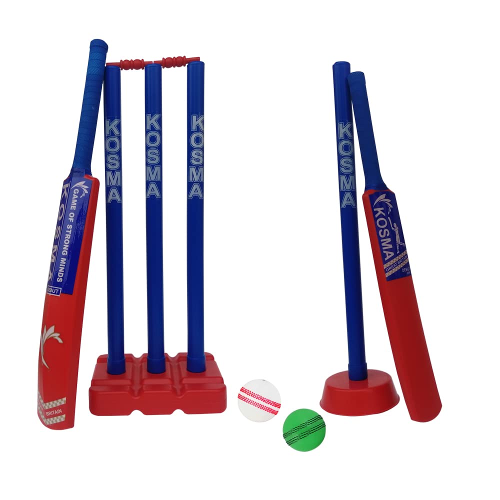 Kosma 2 Player’s Kwik Cricket Set | Junior Cricket Set with bag | 2 x Bats No.5 & 6 | 2 x Balls | Wicket Stump set with Bails | Single Stump | Red & Blue Color | Cricket Coaching Equipment