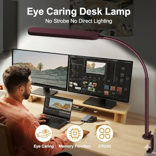 Image of SKYLEO LED Desk Lamp - Desk Light for Home Office - Flexible Gooseneck - 5 Color Modes X 11 Brightness Levels - 1300LM - Timmer & Memory Function - 12W Clip on Light - Red