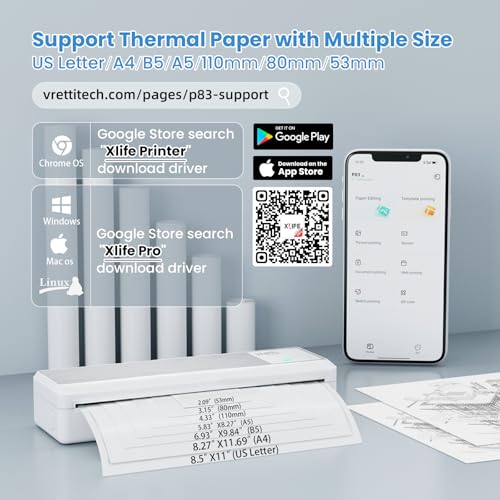 Image of vretti P83 Portable Printers Wireless for Travel, A4 Portable Thermal Printer, Mobile Inkless Printer Compatible with Phone & Laptop, Supports 8.5 x 11 US Letter for Car School Office Home Use, White