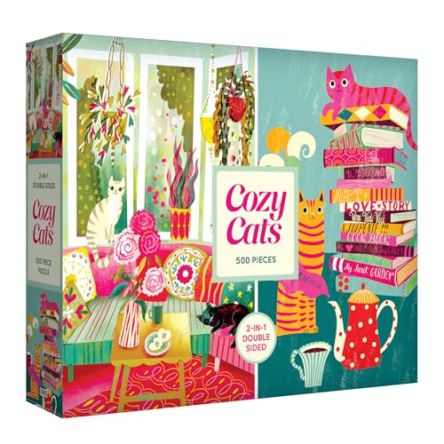 RoseArt - Cozy Cats 500 Piece Double-Sided Jigsaw Puzzle – Matte & Glossy Sides – Cat Puzzle for Adults - 2-in-1 Puzzle with Bonus Poster