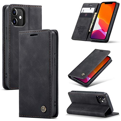 owlhold Handyhülle iPhone 12 Mini klapphülle Premium Lederhülle Weiches Vintage-Nubukleder Faltbare Ständer Schutzhülle Kartenfach Standfunktion hülle iPhone 12 Mini - Schwarz
