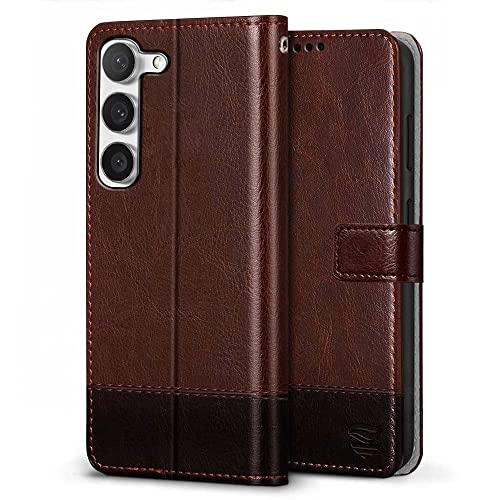 Image of FLIPPED Vegan Leather Flip Case Back Cover for Samsung Galaxy S23 5G (Flexible, Shock Proof | Hand Stitched Leather Finish | Card Pockets Wallet & Stand | Brown with Coffee)