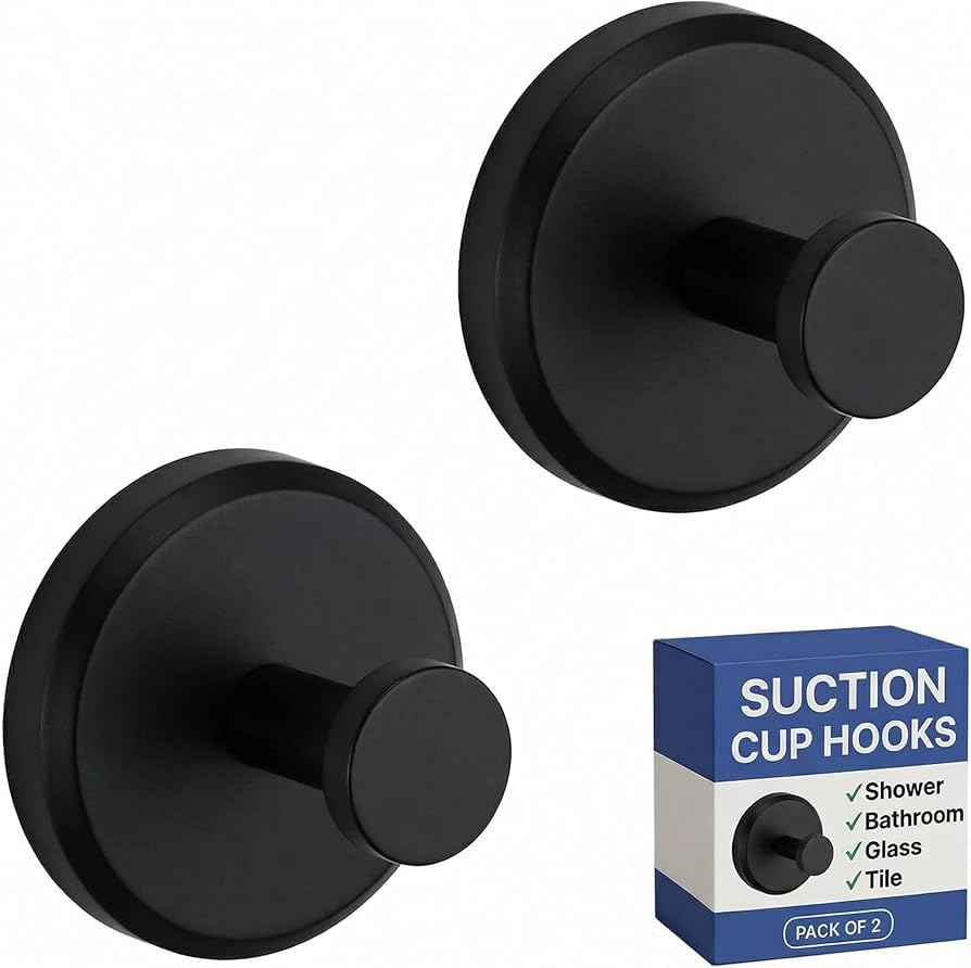 HOME SO Suction Cup Hooks for Shower & Bathroom Towel Holder 2-Pack – Suction Cups Hooks for Hanging Towels, Robes, & Coats - Tiles, Glass Door or Mirror – Shower Hooks & Towel Hooks Organizer - Black