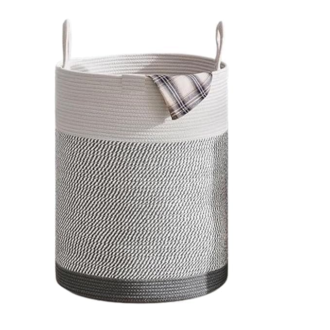 Image of Jute Cotton Rope Laundry Basket with Handles, Large Tall Clothes Hamper for Bedroom, Baby Nursery, Bathroom, Laundry Room & Home Storage Organizer (15x18 Inch, Grey Mix & White)