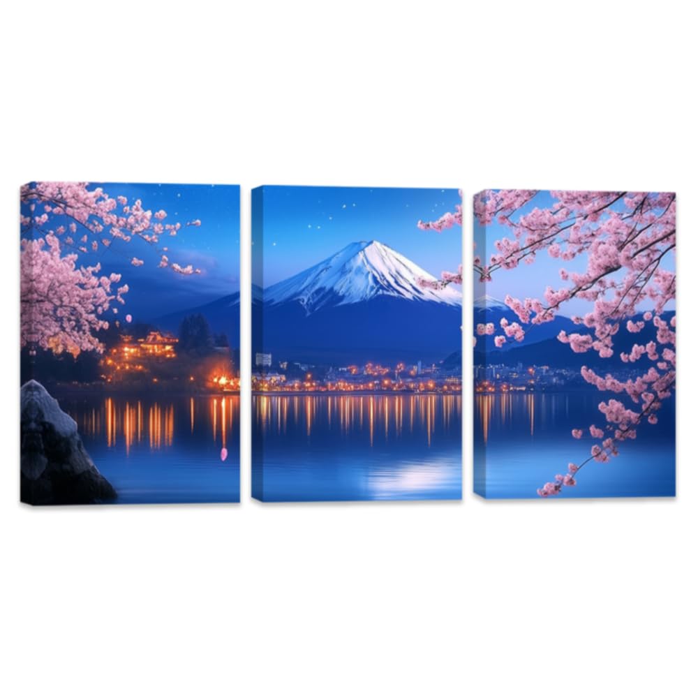 ZQQART Cherry Blossom Canvas Wall Art Set of 3 Japanese Mount Fuji Picture Cherry Blossom Tree Paintings Prints Asian Landscape Decor Framed(Blue,16.00"x24.00"x3Pcs)