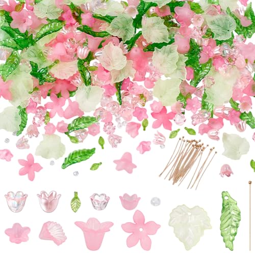 NBEADS 417 Pcs Acrylic Assorted Beads Kit Frosted Flower Beads Caps Maple Leaf Acrylic Pendants Leaf Loose Beads Earring Making Kit with Faceted Glass Beads Brass Ball Pins for Jewelry Making