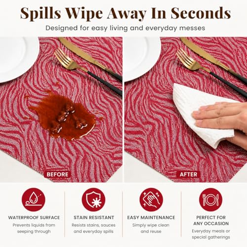 Image of YELONA Placemats and Table Runner Set - Heat Resistant, Non-Slip & Washable PVC Vinyl Dining Table Mats - Berry Red (4 Placemats: 45x30 cm, 1 Runner: 180x30 cm)