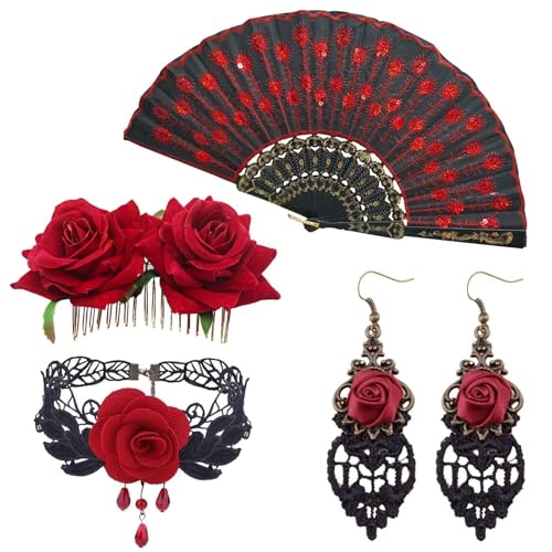 Women Rose Flower Hair Clip Flamenco Accessories,Embroidered Sequins Fabric Handheld...