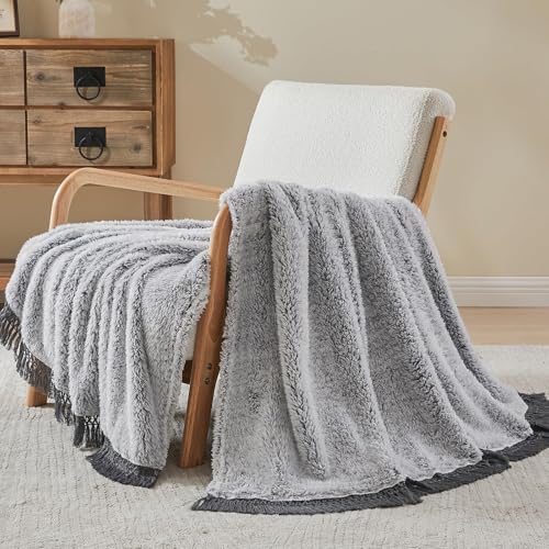 Image of EMME Soft Sherpa Fleece Blanket with Tassel, Reversible Plush Fluffy Large Blanket, Light Weight Warm Decorative Boho Blanket Cover for Sofa, Couch, Bedroom,Travel(Tassel Grey,50 inchx60 inch)