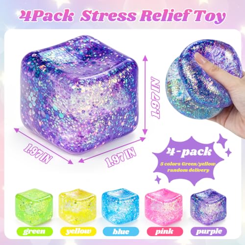 Image of 4pcs Squishy Cube Taba Squishy Kit Stress Cube for Adults,Glitter Squishy Slow Rising Fidget Cube Sensory for Anxiety Stress Relief High Density Ice Squeeze Ball Cubes