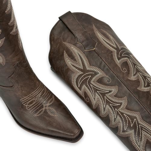 Image of wetkiss Women's Pointed Toe Cowboy Boots | Knee High Cowgirl Boots, Retro Embroidery, Chunky Heel, Pull-On, Style for a Classic Western Look,Stable and Comfortable