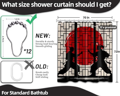 Image of Anime Shower Curtain Japanese Black and Red Asian Cool Shower Curtains for Mans Bathroom Decor Sets, Waterproof Cloth Fabric with Hooks, 70x72 Inch