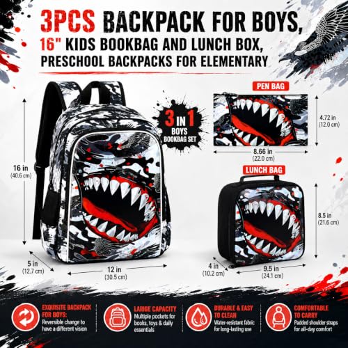 Image of 3Pcs Backpack for Boys, 16 inch Shark Kids Bookbag with Lunch Box, School Backpacks for Elementary Preschool Kindergarten (Black)