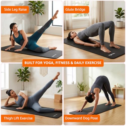 Image of Amazon Basics NBR Yoga & Exercise Mat Kit with Belt, Blocks & Towels | 13 mm Extra Thick Cushioned Support | Non-Slip Textured Surface | Ideal for Fitness & Home Workouts | 180 x 61 cm | Black