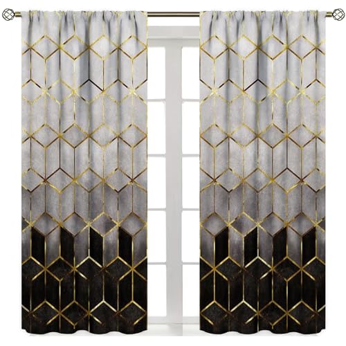 Yearn Jear Geometric Marble Curtains, Black Gold Abstract Geometry Pattern