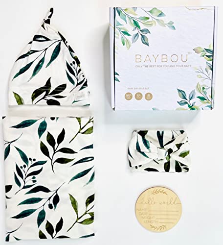 Image of Baybou Baby Swaddle Set Bamboo Receiving Blanket for Hospital Swaddle Hat Bow Wood Announcement Gift Set for New Baby Arrival 4-Piece Complete Swaddle Set (Leaves)