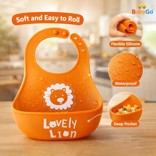 Image of BabyGo Silicone Baby Bib for Feeding & Weaning Infants & Toddlers |Waterproof, Washable & Reusable | Adjustable, Lightweight & Foldable Bib with Food Catcher Pocket |Light Orange (Pack of 1)