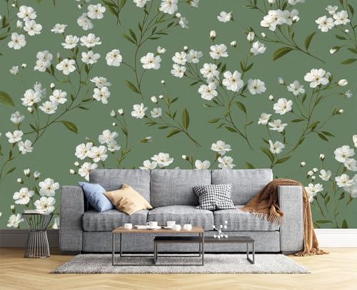 Papier peint panoramique fleurs blanches pour masquer mur salon