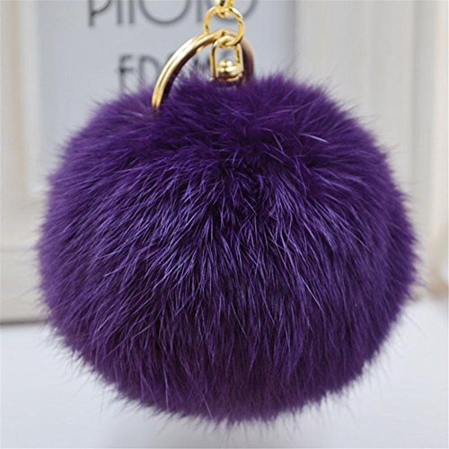 ROOMZOOM New Style Rabbit Fur Ball PomPom Cell Phone Car Keychain Pendant Bag Key Ring Violet color