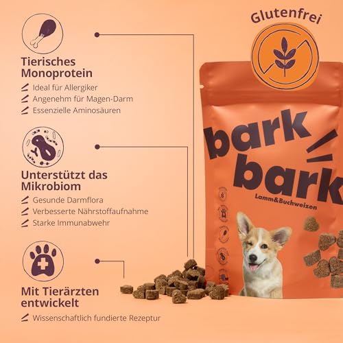 BarkBark Lamm & Buchweizen - Premium Hundeleckerli - Monoprotein 72% Lamm - Glutenfrei & Zuckerfrei - ideal für Allergiker Hunde - zur täglichen Ergänzung als Snack - natürlich Getreidefrei - 150g
