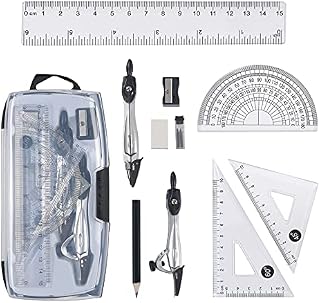 Vicloon Geometry Compass Set, 10pcs Maths Set in Carry Case, Educational Supplies wiht 2 Types Drawing Compasses, Maths Protractor Set, Ruler Set, Pencil, Eraser, Sharpener for School, Engineers
