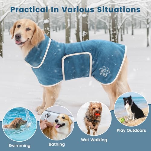 PETTOM Hundebademantel Mikrofaser, Bademantel Hund Extra Saugfähig und Schnelltrocknend, Hunde-Bademantel für Kleine Hunde mit Klettverschluss und Hohem Kragen (Blau, XS)