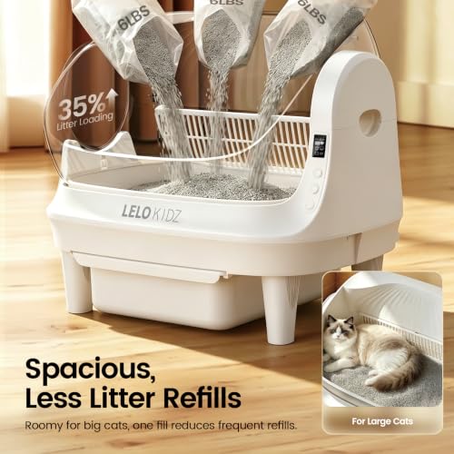 Image of Self Cleaning Litter Box, Open Top 105L Automatic Litter Box for Multiple Cats, App Control, Safety Sensor, Anti-Pinch, Includes Mat & Liner - White