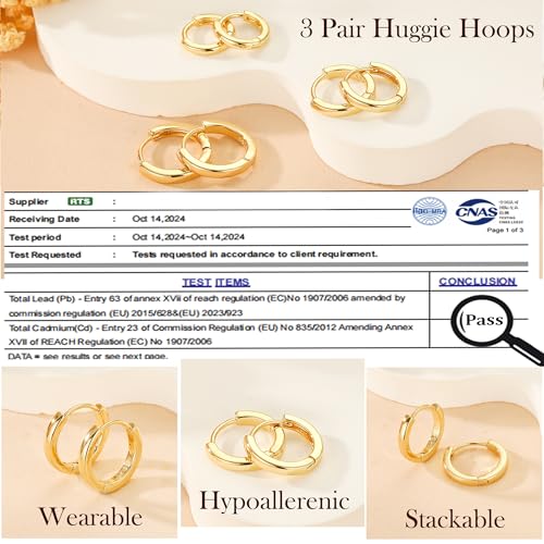 3 Pairs 925 Sterling Silver Earrings for Women Non Tarnish Small Hypoallergenic Huggie Hoop Earrings Cartilage Hoops Stackable Earring Stacks Sets for Multiple Piercing3