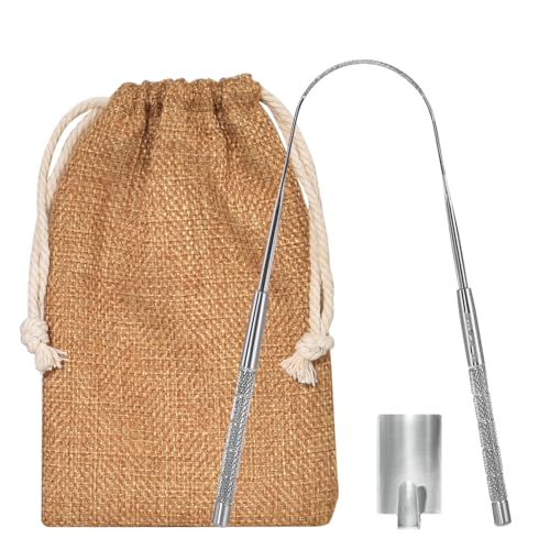 Y-Kelin 1 raspador de lengua de acero inoxidable con bolsa de almacenamiento y gancho, raspadores de lengua de metal para adultos, para cuidado bucal, aliento fresco y lengua limpia