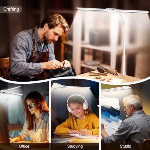 Image of Syrinx LED Desk Lamp, Dual Head Desk Light with Clamp, 50 Lighting Modes Eye-Caring Table Lamp, Flexible Gooseneck Task Light with Motion Sensor, Wired Control, Timer & Memory Function for Home Office