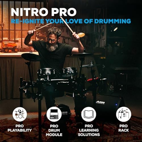 alesis nitro pro electric drum set with dual zone quiet mesh pads 500 authentic bfd sounds bluetooth drumeo usb midi double kick compatible