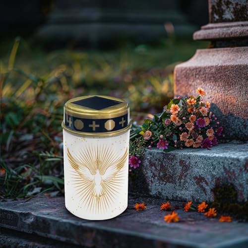 Image of Poceacles Cross Outdoor Solar Lights - Water Resistant Solar Garden Stake Lights for Cemetery Grave Decorations, Dove of Peace Cross Gold White, Pack of 2