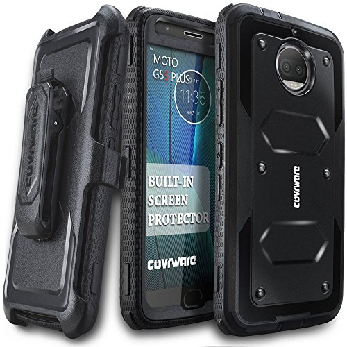 Moto G5S Plus Case, COVRWARE [Aegis Series] w/Built-in [Screen Protector] Heavy Duty Full-Body Rugged Holster Armor Case [Belt Swivel Clip][Kickstand] for Moto G5S Plus, Black