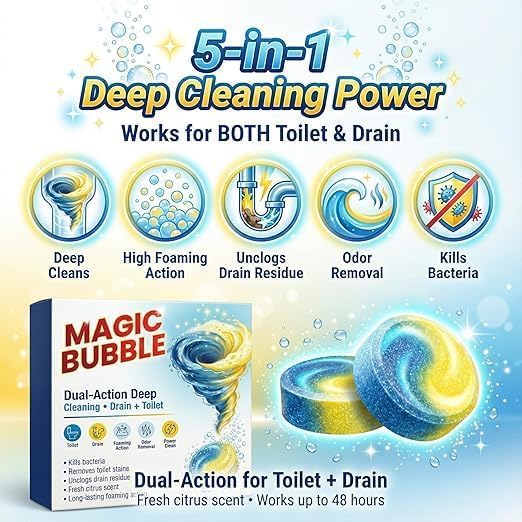 Image of Magic Bubble Dual-Action Toilet & Drain Cleaning Tablets (24 Tablets) | Foaming Deep Clean Toilet Bowl Cleaner | Removes Stains, Odors & Limescale | Drain Unclogging Tablets for Bathroom (Pack of 1)